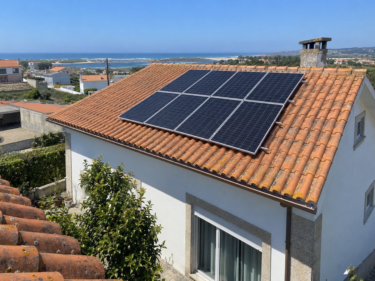 Imagem ilustrativa de painéis fotovoltaicos sobre telha cerâmica numa moradia junto ao litoral.