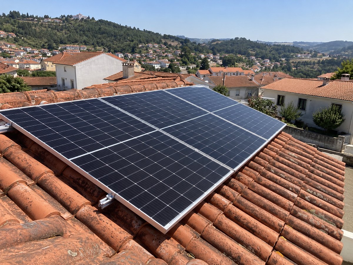 Imagem ilustrativa de painéis solares numa moradia com telhado de telha cerâmica, num cenário inspirado na região de Coimbra.