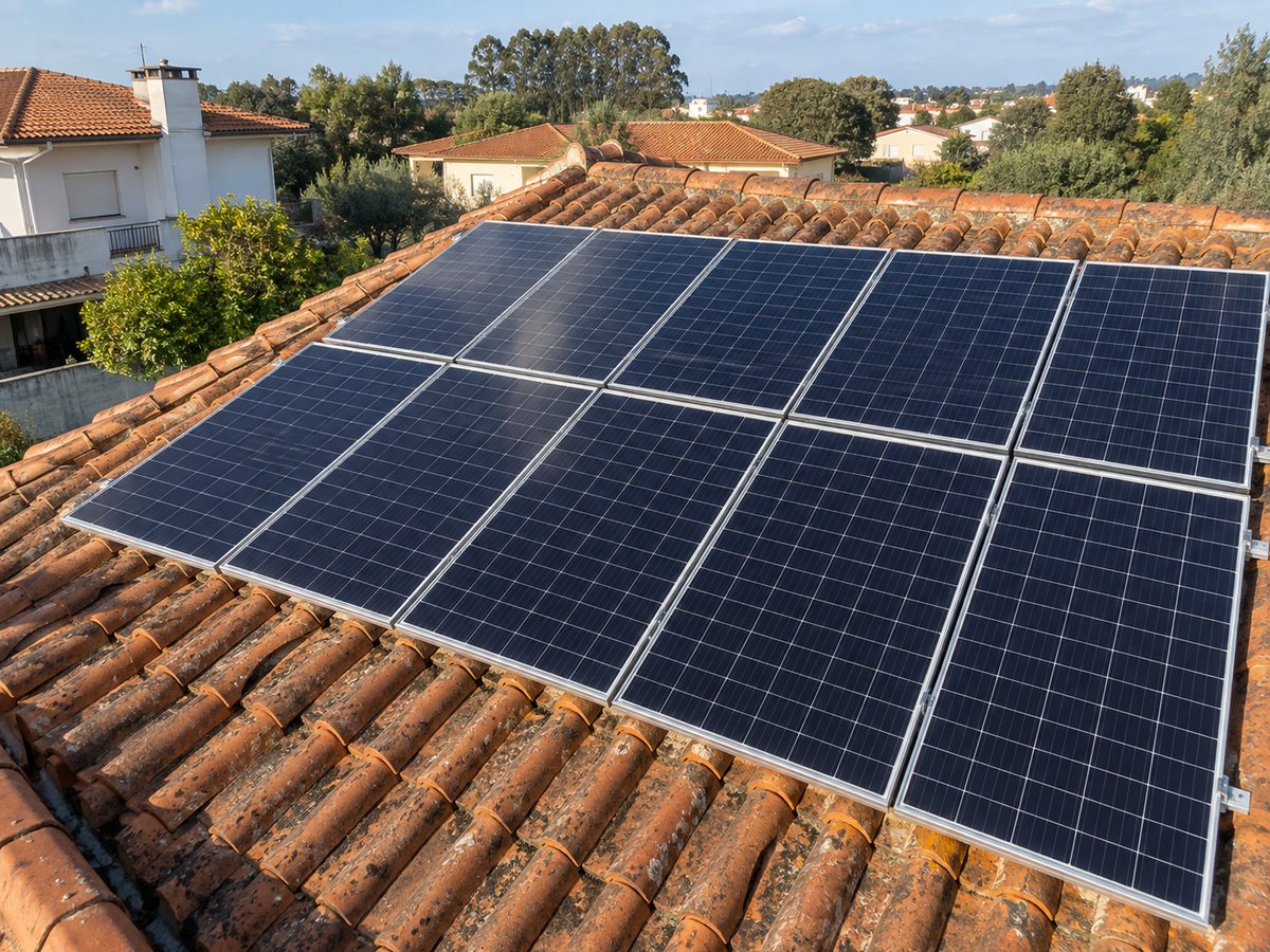Imagem ilustrativa de painéis solares num telhado inclinado de telha cerâmica, com árvores e casas vizinhas.