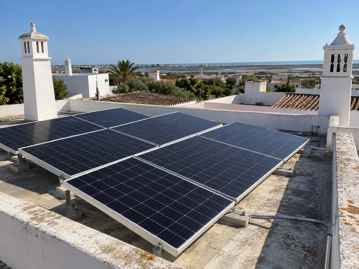 Imagem ilustrativa de painéis fotovoltaicos na cobertura plana de uma moradia algarvia, num cenário inspirado na região de Faro.