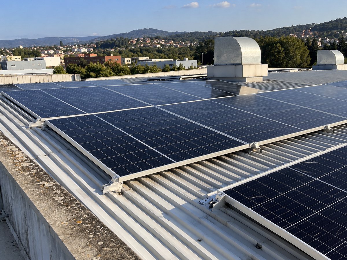 Imagem ilustrativa de módulos fotovoltaicos na cobertura de uma empresa, junto a equipamentos de ventilação.