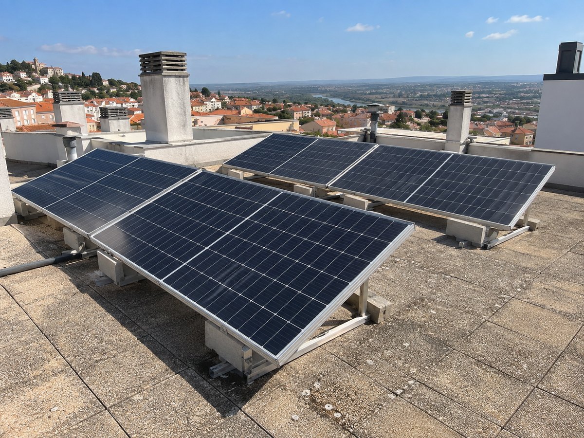 Imagem ilustrativa de painéis solares sobre suportes num terraço de apartamentos, com edifícios ao fundo.