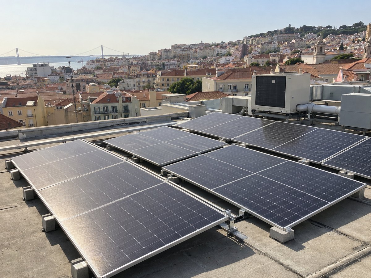 Imagem ilustrativa de painéis solares numa cobertura comercial com equipamentos de ventilação e telhados de Lisboa ao fundo.