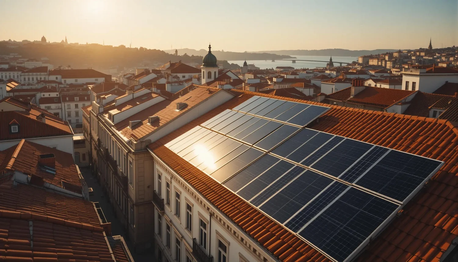 Painéis solares sobre telhados de telha ao pôr do sol