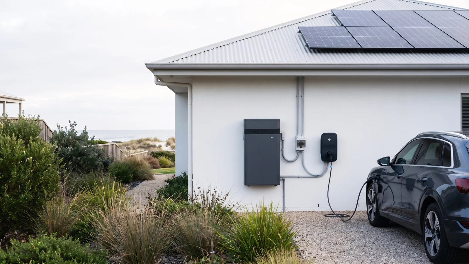 Veículo elétrico ligado a um carregador junto de uma moradia com painéis solares